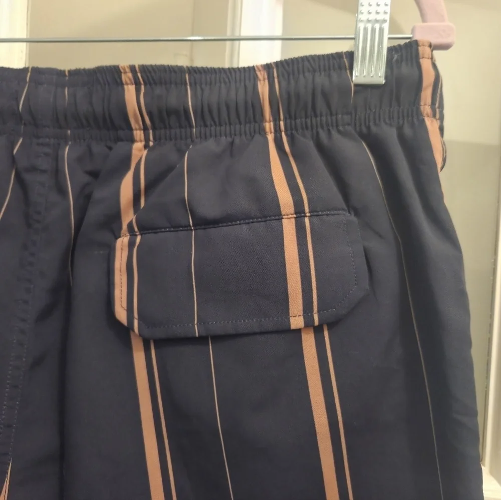 The Kooples Navy Blue & Gold Swim Trunks W/ Stripes & Zip-Up Pockets